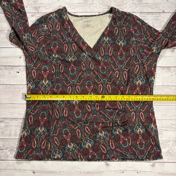 Talbots Womens 1X Paisley Print Wrap Style V Neck Long Sleeve Top Burgundy Teal - Picture 11 of 16
